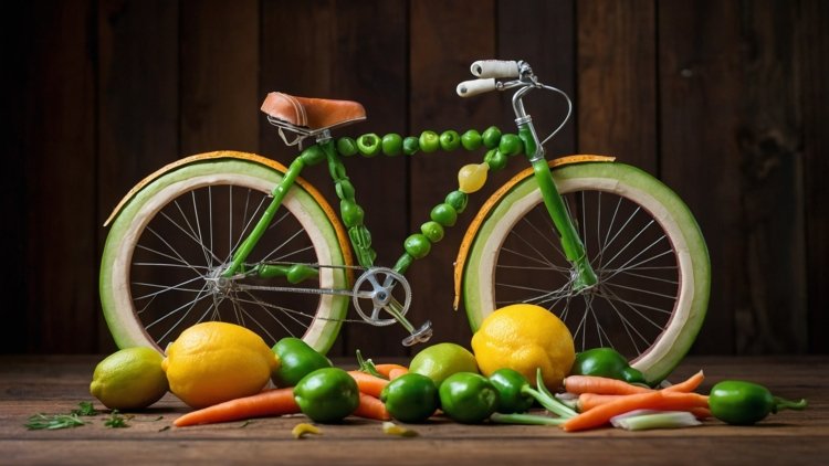 Free AI Image: Green bicycle crafted from lime and carrots, surrounded by green fruits and vegetables, displayed on a flat surface.