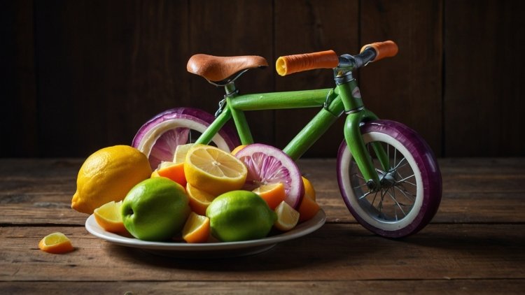 Free AI Image: Green children's bicycle with red handlebars and purple wheels next to a plate of fruit on a dark wooden table.