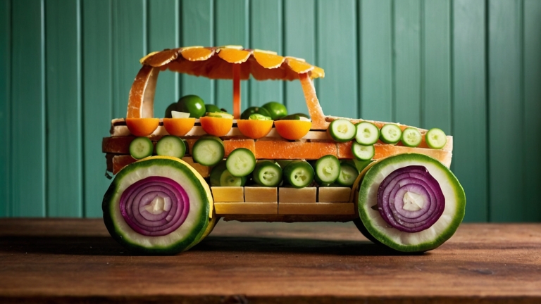 Creative Car Made of Vegetables and Fruits