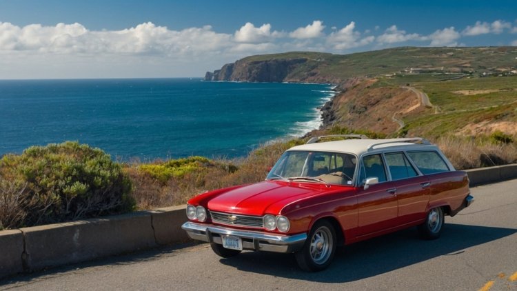 Free AI Image: A red and white station wagon driving along a coastal road with ocean and rolling hills in the background.