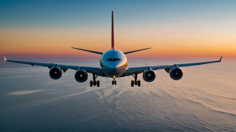 Commercial Airplane Flying Over Ocean at Sunset
