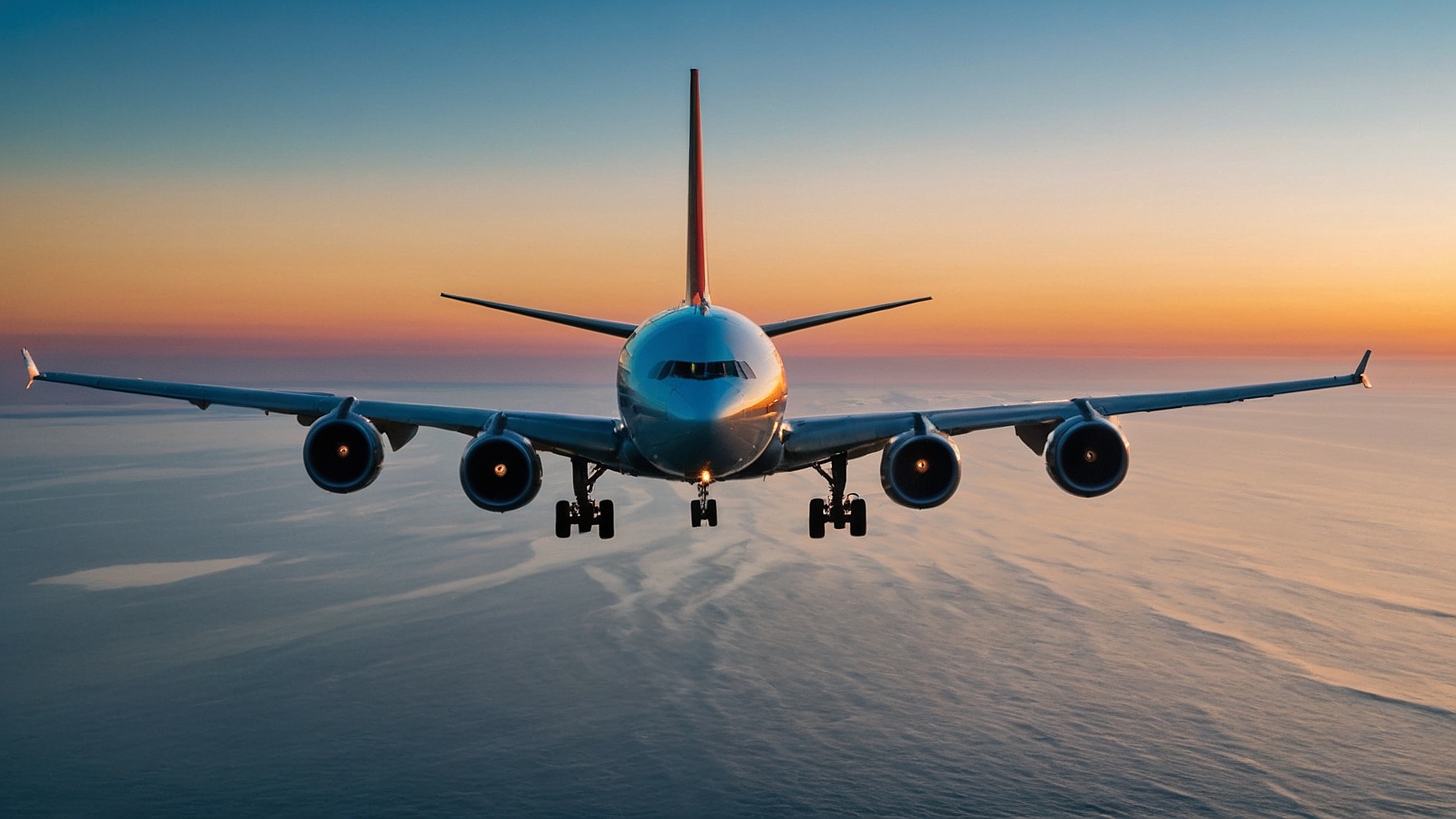 Commercial Airplane Flying Over Ocean at Sunset