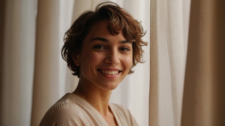 Portrait of a short-haired woman smiling at the camera, standing near a window with natural daylight and a curtain - free ai image