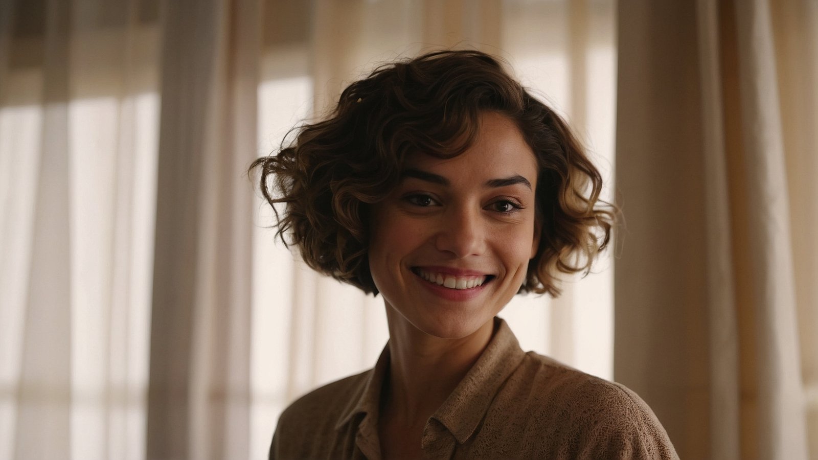 Free AI Image: Cinematic still of a woman with short, curly brown hair, smiling in front of a window with white curtains and warm daylight.