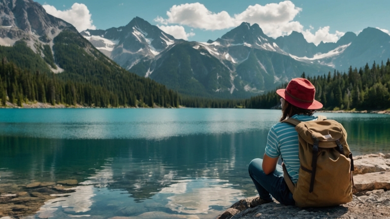 Casual Hiker in Front of Tranquil Emerald Lake and Forest