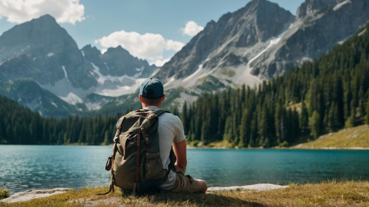 Man Enjoying Tranquil Mountain Views by the Lake