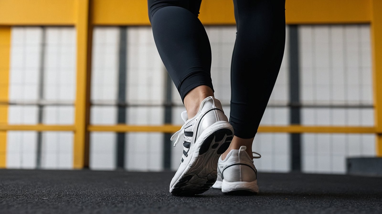 Free AI image:Close-up of a woman's legs in leggings and sneakers, walking at a gym, with a low-angle view and flat lay background