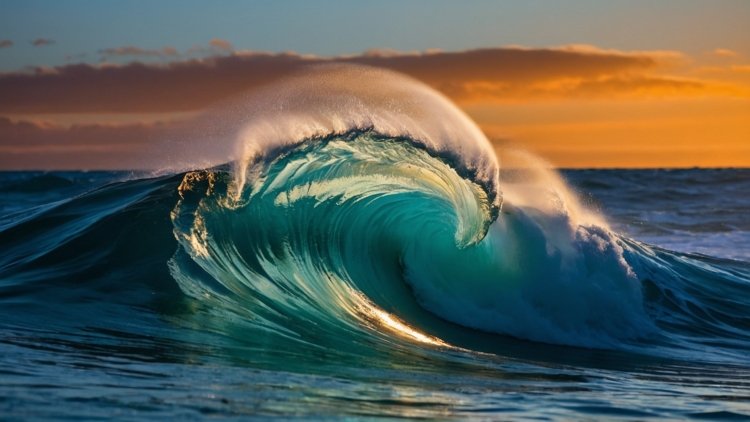 Turquoise wave sparkling at sunrise with orange-blue sky and distant land-sea horizon showcasing nature’s beauty and power.