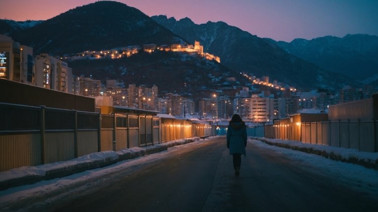 Woman walking at night near city walls, streetlights, snow-covered mountains, and a distant hilltop fortress in purple tones.