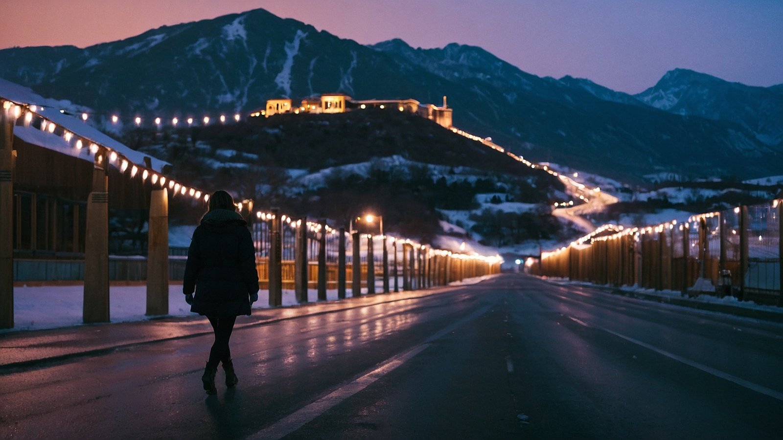 Woman walking along a highway at night, glowing wall, snowy mountains, and a lit castle under a dark sky.