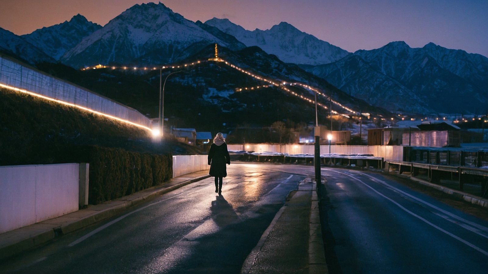 Woman walking at night on a quiet road with lights, electric fence, and snowy mountains in the background.