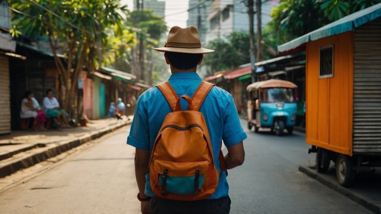 Man with orange backpack walks in a Thai street, surrounded by tuk-tuks, old cars, and people sitting on sidewalks.