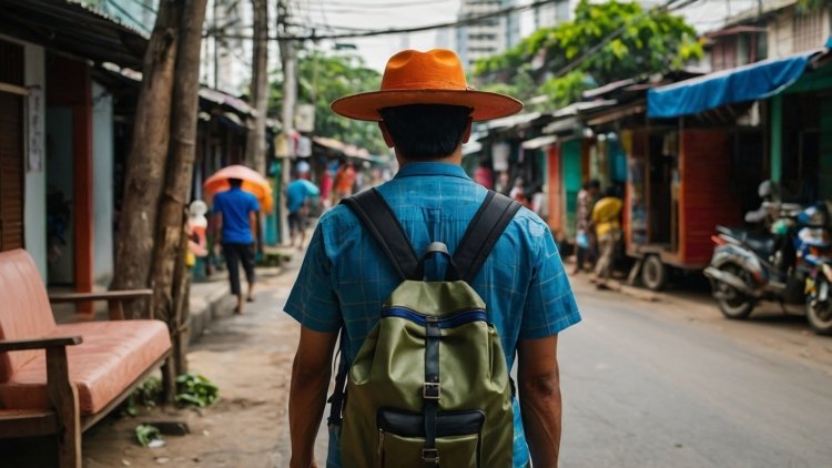 Man in blue shirt and orange hat with backpack walks through a vibrant Thai village street with colorful houses.