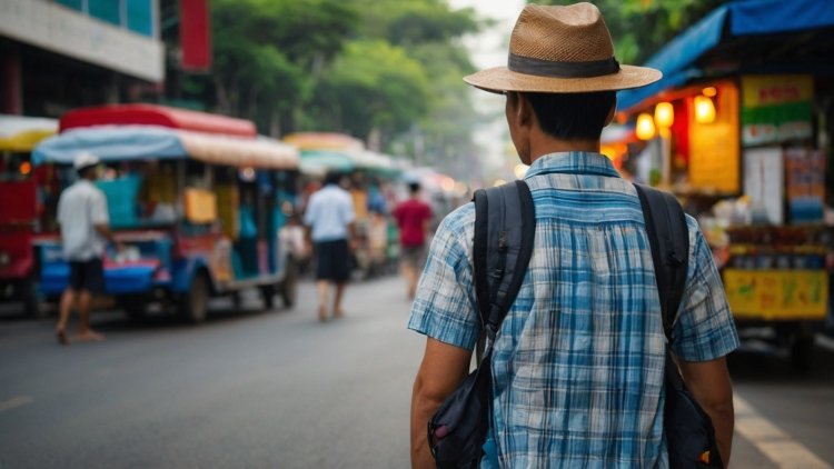 Man in plaid shirt and straw hat with backpack walks through colorful food stalls on a bustling Bangkok street.