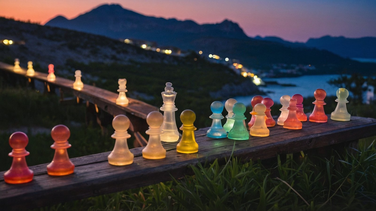 Glowing colorful chess pieces on a wooden bridge at dusk, overlooking mountains, sea, and softly lit green grass.