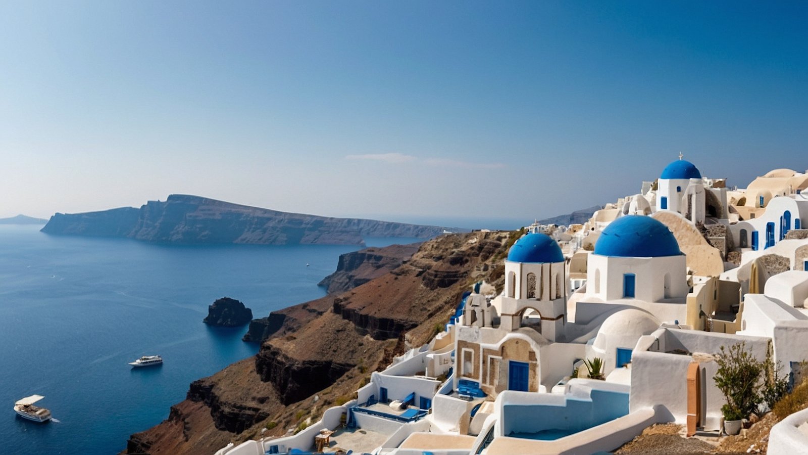 Panoramic view of Santorini with white buildings, blue domes, cliffs, boats, and bright blue sky over the sea.