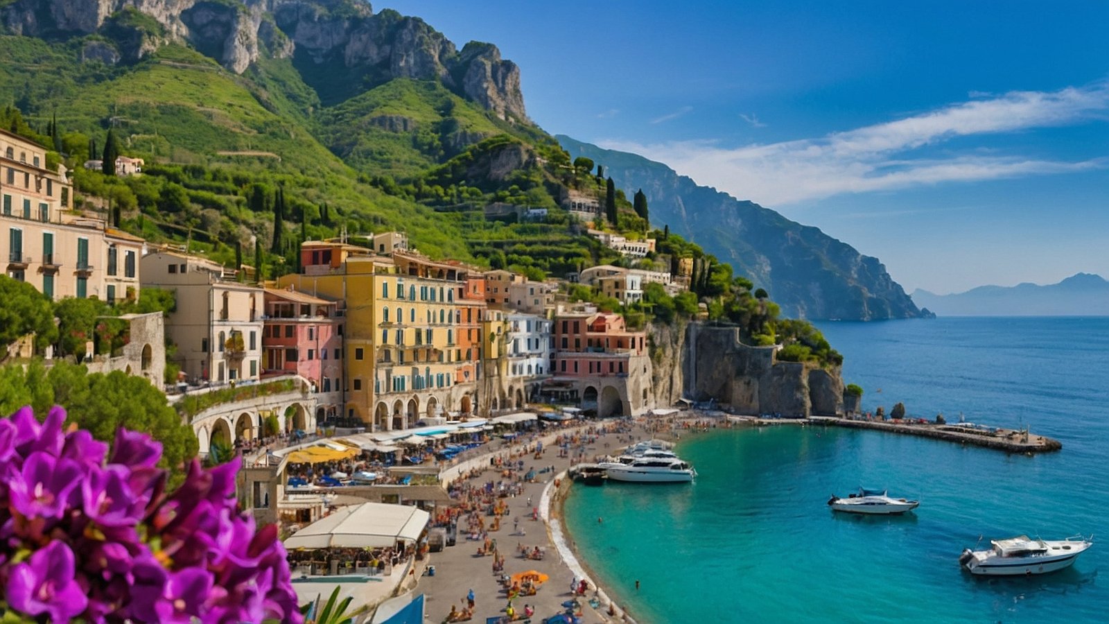 Amalfi Coast with colorful buildings, turquoise sea, lush cliffs, purple flowers, yachts, and sunny skies in Italy.