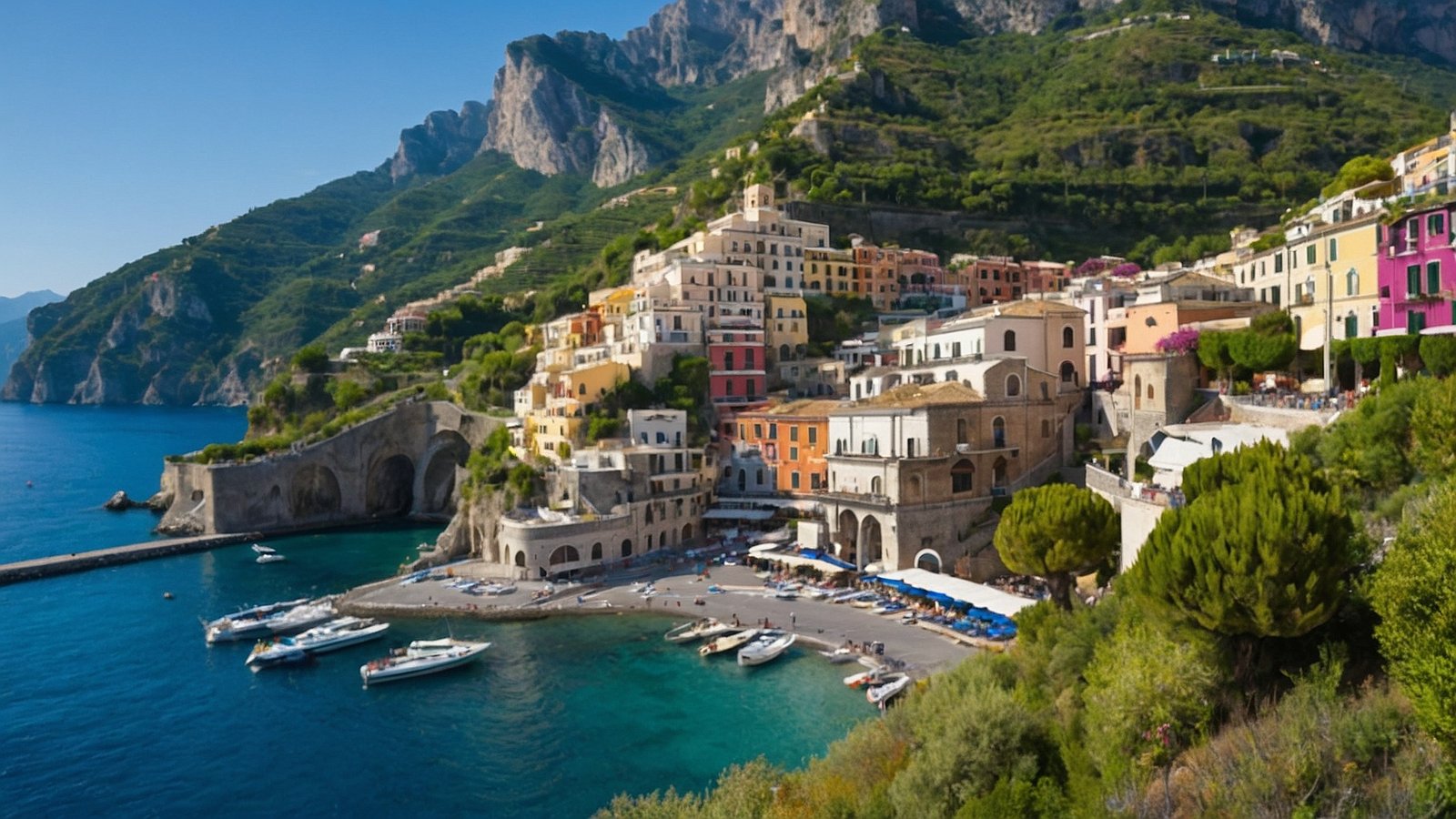 Amalfi Coast with colorful buildings, blue water, lush cliffs, old port town, boats, and sunny skies in Italy.