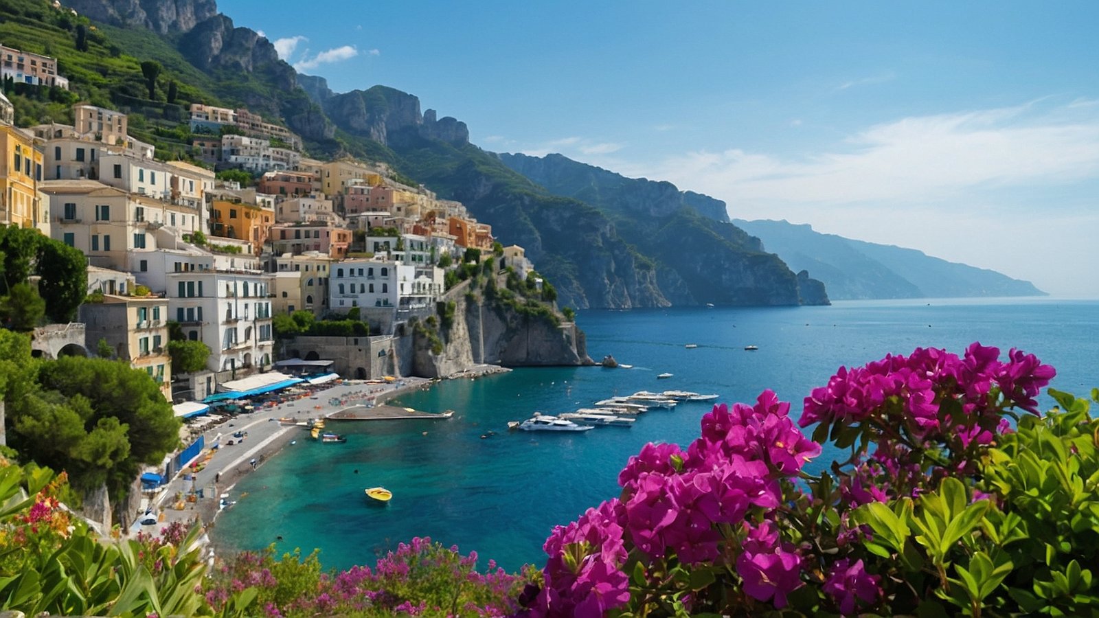 Amalfi Coast with colorful buildings, clear sea, lush greenery, purple flowers, yachts, and sunny skies in Italy.