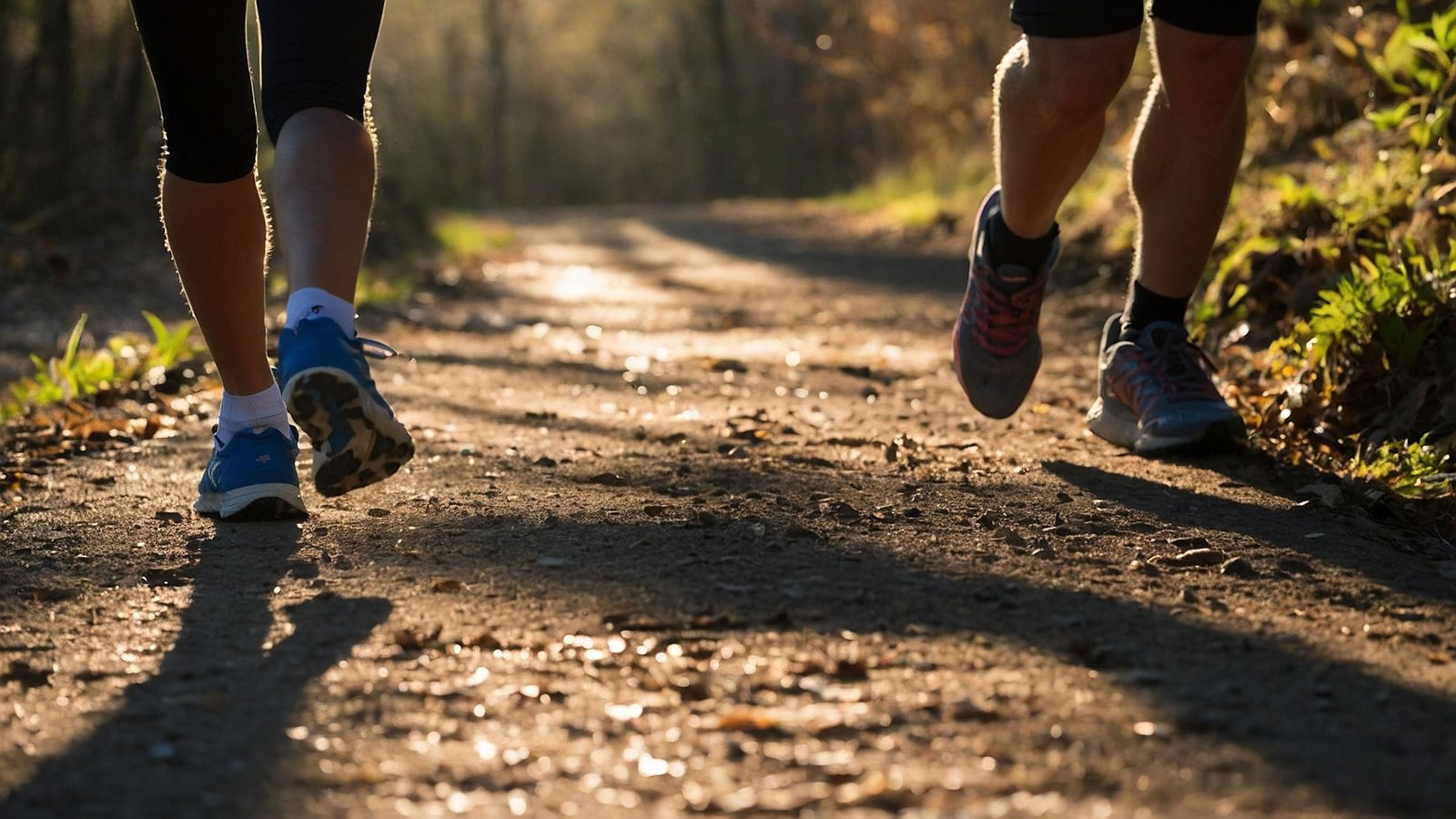 Close-up of two people’s feet in running shoes walking on a forest trail at sunrise with sunlight filtering through trees.