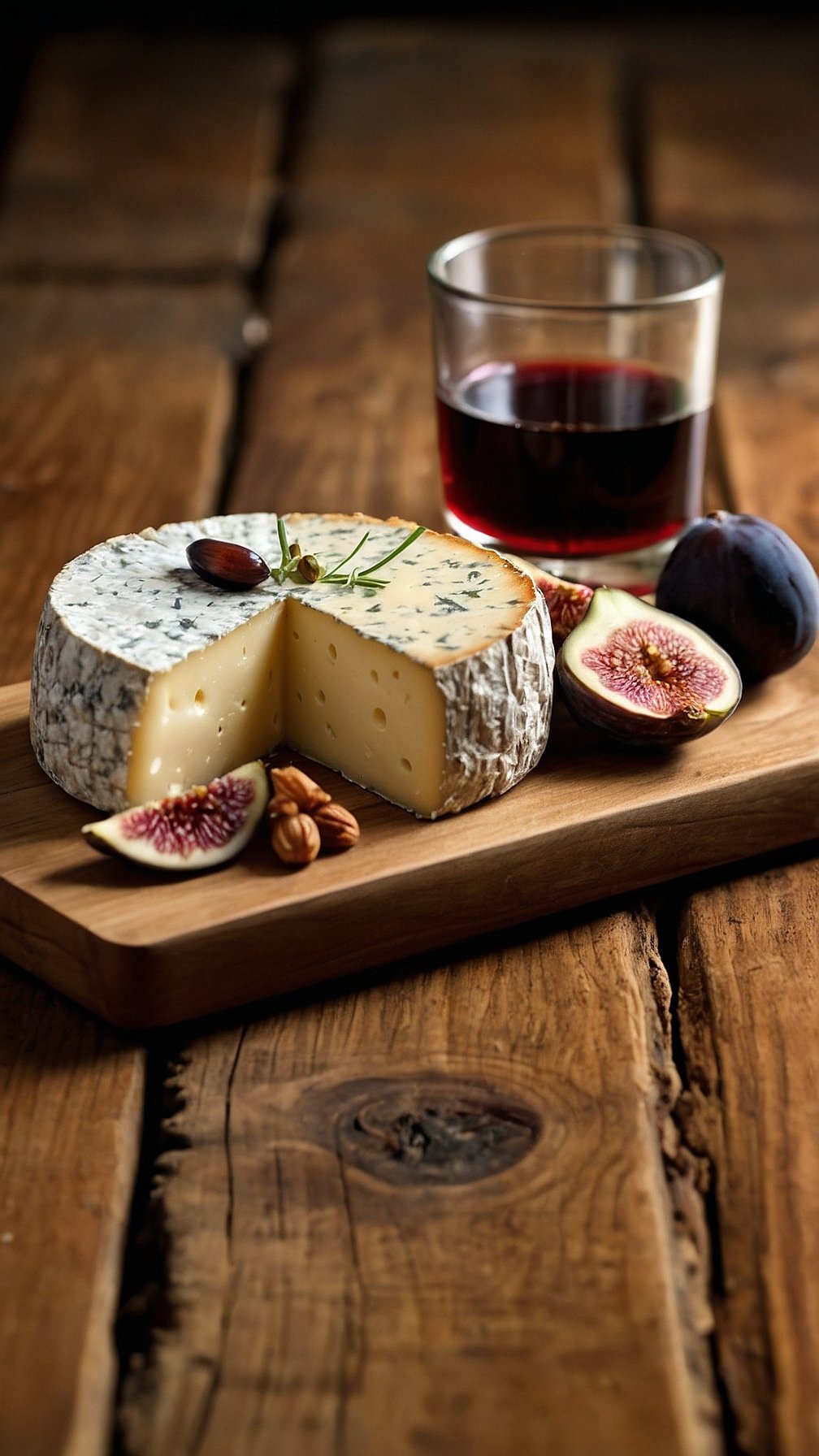 Blue cheese on a wooden board with figs, wine, and two slices of cheese revealing soft texture in a still life setup.