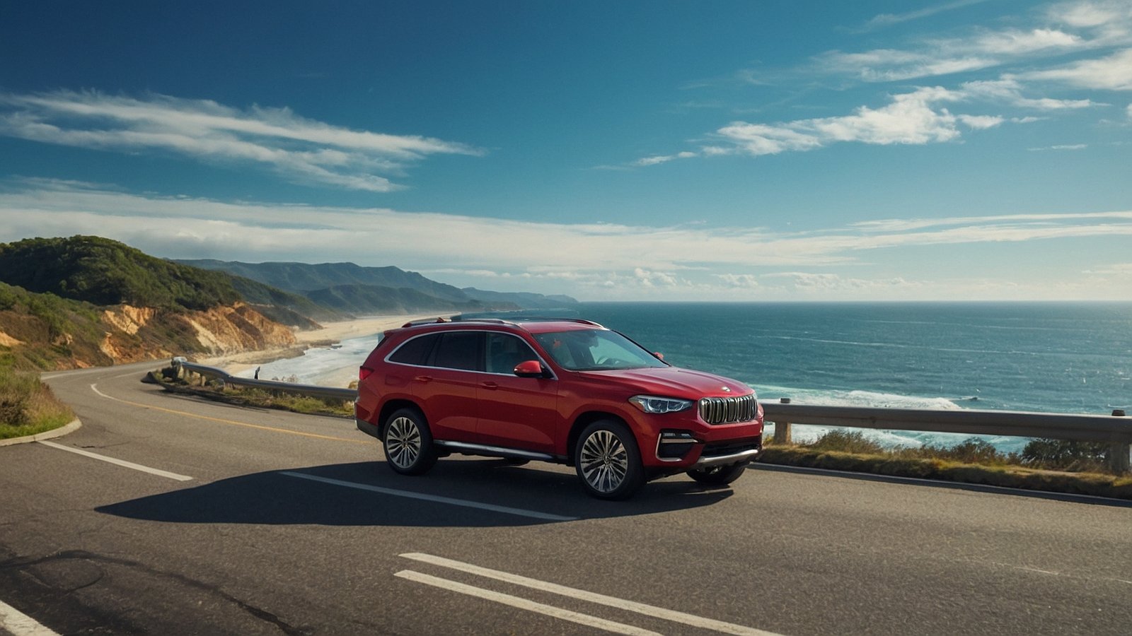 Red BMW SUV driving on a coastal road with blue skies and a calm sea in the background.