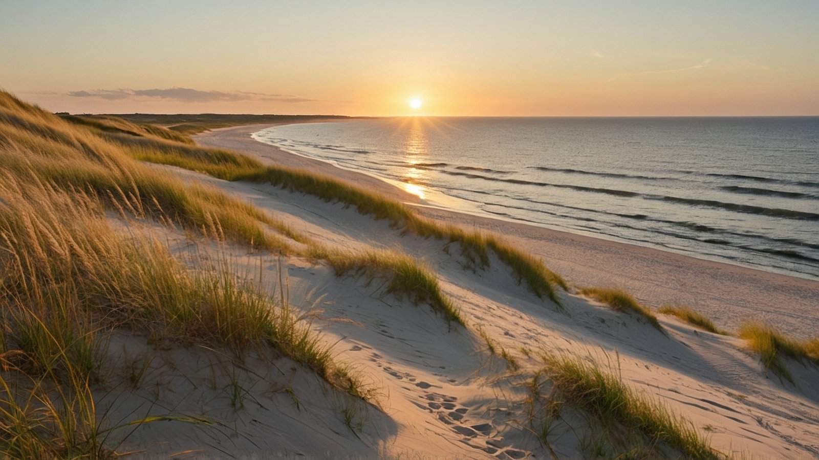 Serene beach at sunset with sand dunes, grassy fields, tall waves, and warm sunlight.