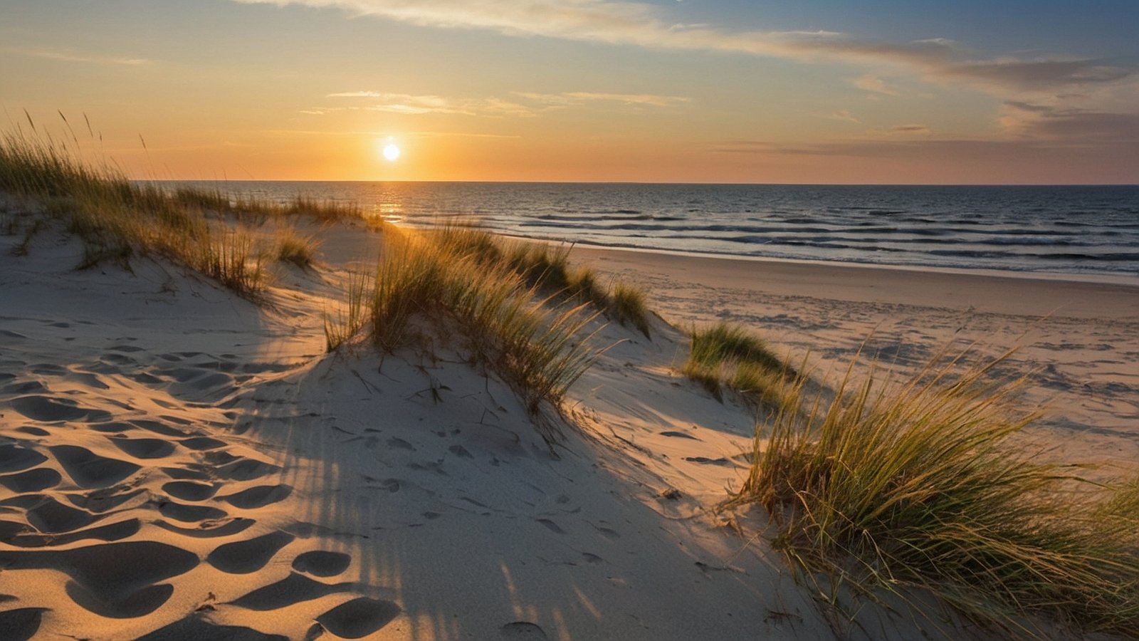 Serene beach at sunset with golden dunes, tall grasses, ocean, long shadows, and scattered footprints in the sand.