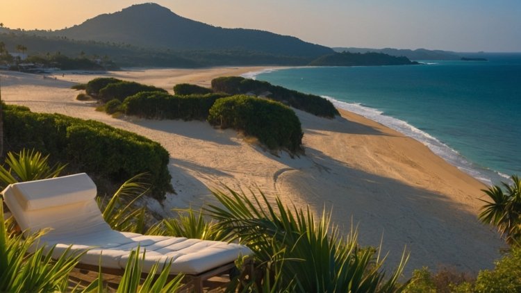 Idyllic beach with white sand, turquoise sea, lush greenery, dunes, a lounge chair, and mountains at sunset.