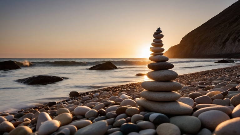 Stone Sculpture by the Ocean at Sunset