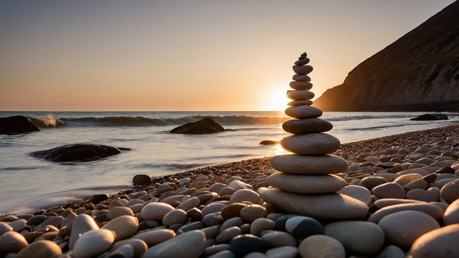 Balanced stone sculpture on a beach at sunset with ocean waves, golden hour light, and a calm sea horizon.