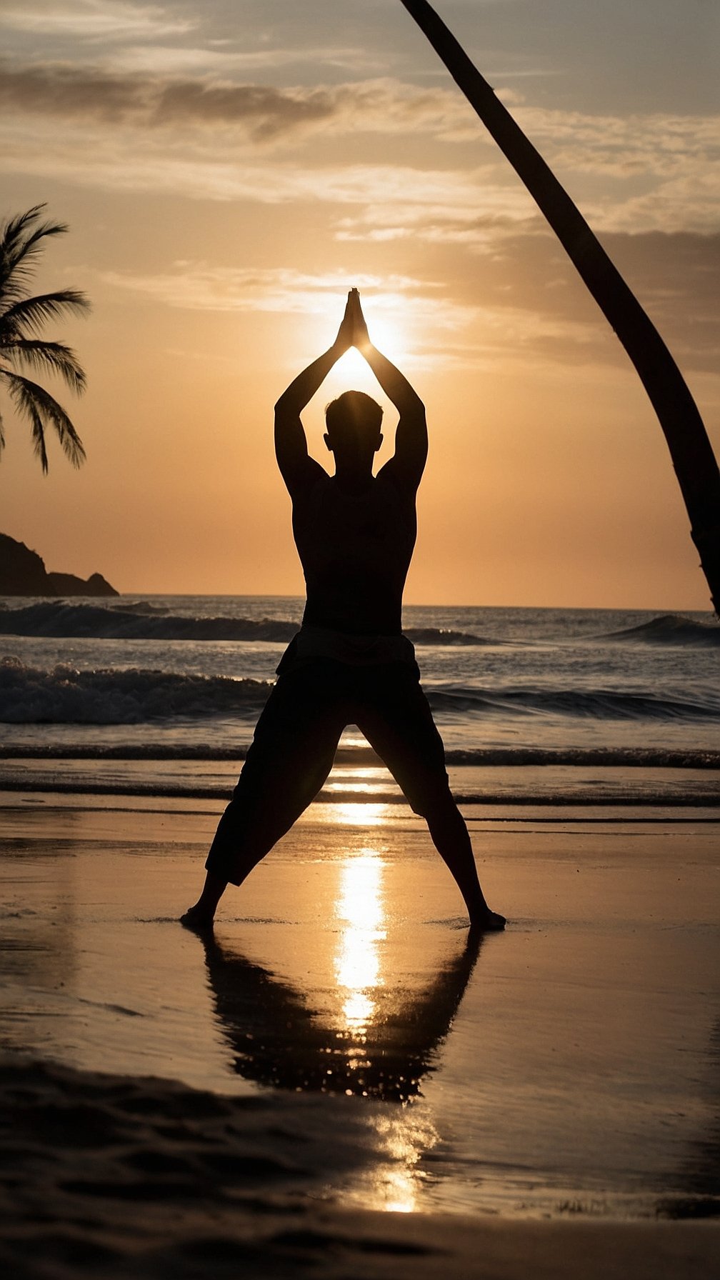 Silhouette of a person doing yoga on a beach at sunset with raised arms, palm tree, ocean, and golden light.