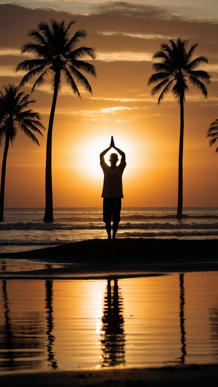 Silhouette of an elderly person doing yoga on a beach at sunset with palm trees and their reflection in the water.