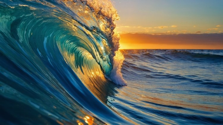 A towering wave in the ocean at sunset with sunlight reflecting off water droplets and crystal blue waters.