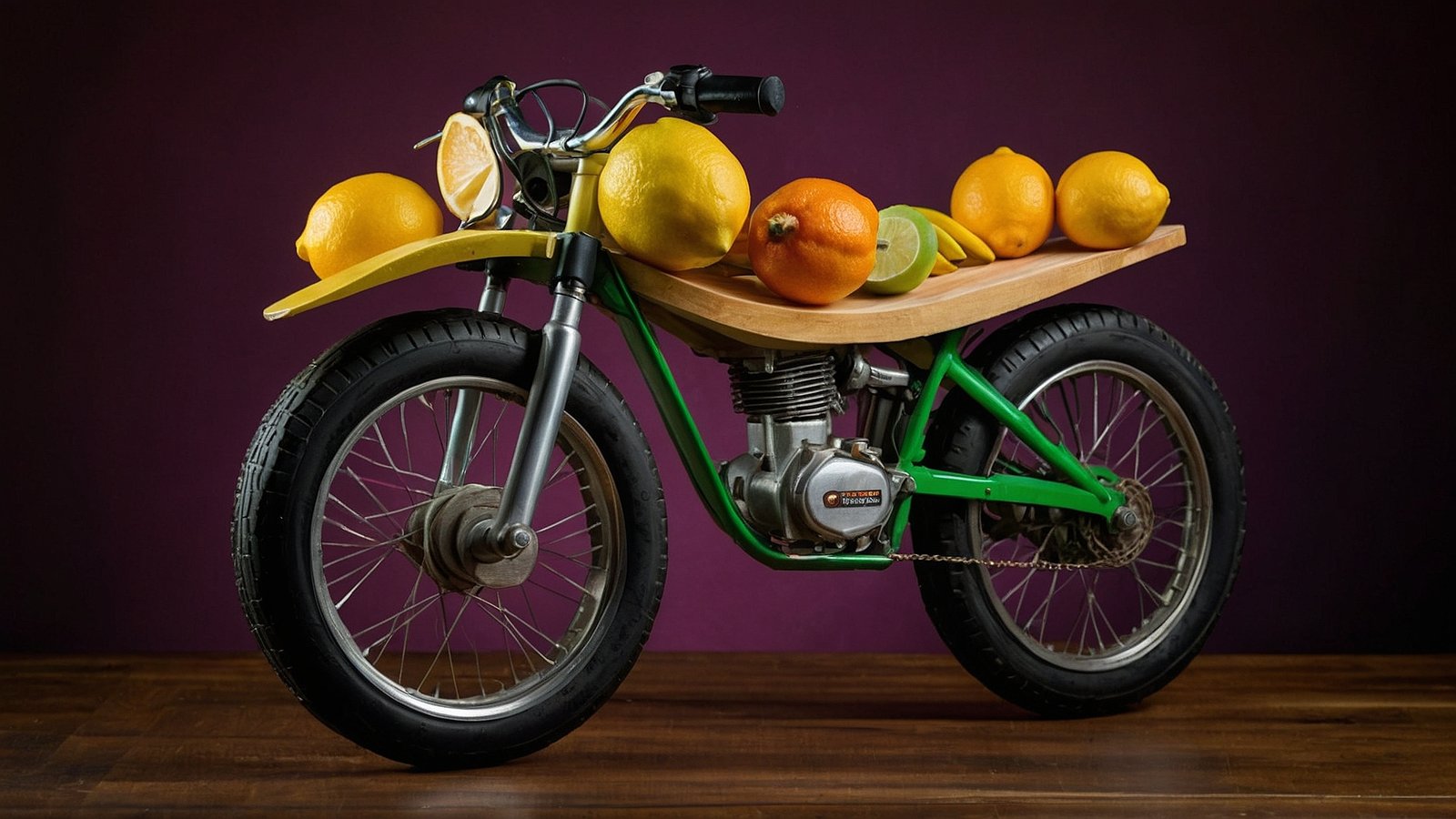 Green and yellow motorcycle with fruit (lemons, oranges) in a wooden holder, against a purple background.