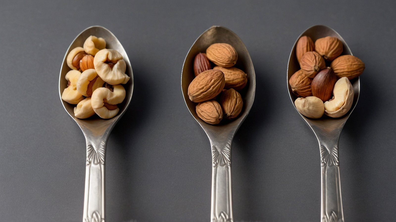 Three silver spoons with cashews, hazelnuts, and almonds, arranged on a gray background in a top-down view.