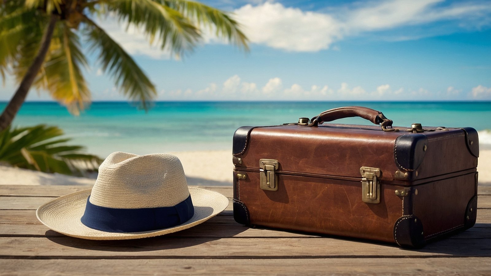 Brown leather suitcase and straw hat on a wooden table with palm trees, a sandy beach, and blue sky in the background.