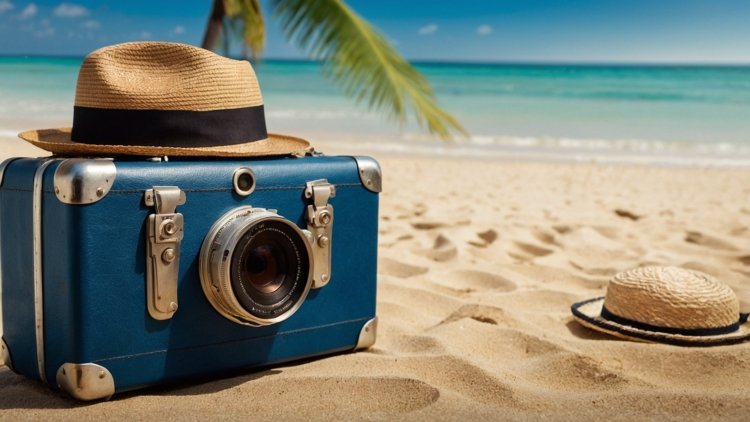 Vintage camera in a blue suitcase with a hat, on a beach background representing a summer vacation.