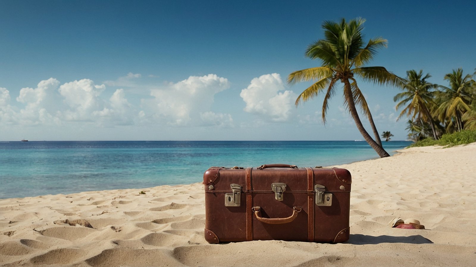 Vintage leather suitcase on a sandy beach with palm trees and crystal-clear water in the background.