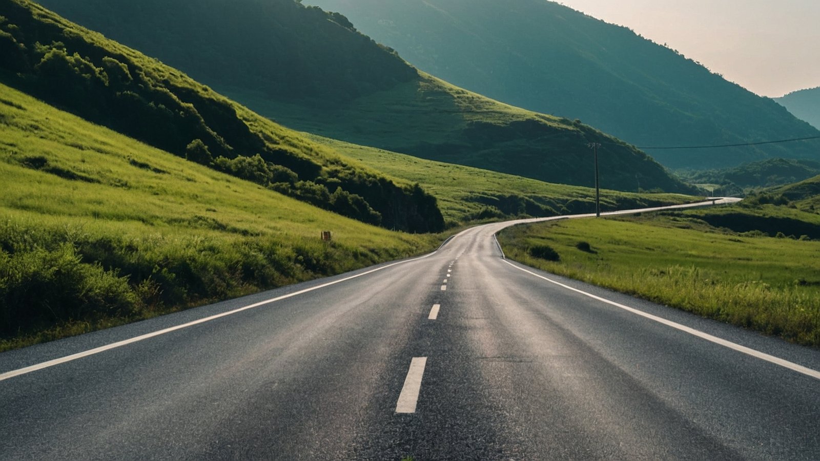 Empty road through green hills and mountains under a clear sky, with space for text or images.