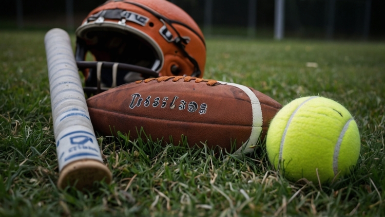 Football, Baseball Bat, and Tennis Ball in Natural Setting