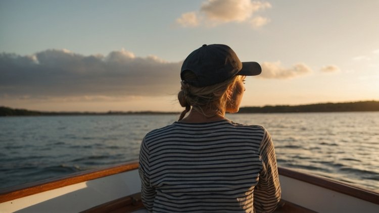 Woman in a striped shirt and baseball cap on a boat, looking at the sea in evening summer light.