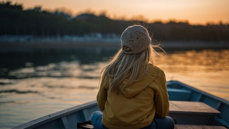 Young woman in yellow jacket and knitted hat on a boat, watching the sunset over a calm lake.