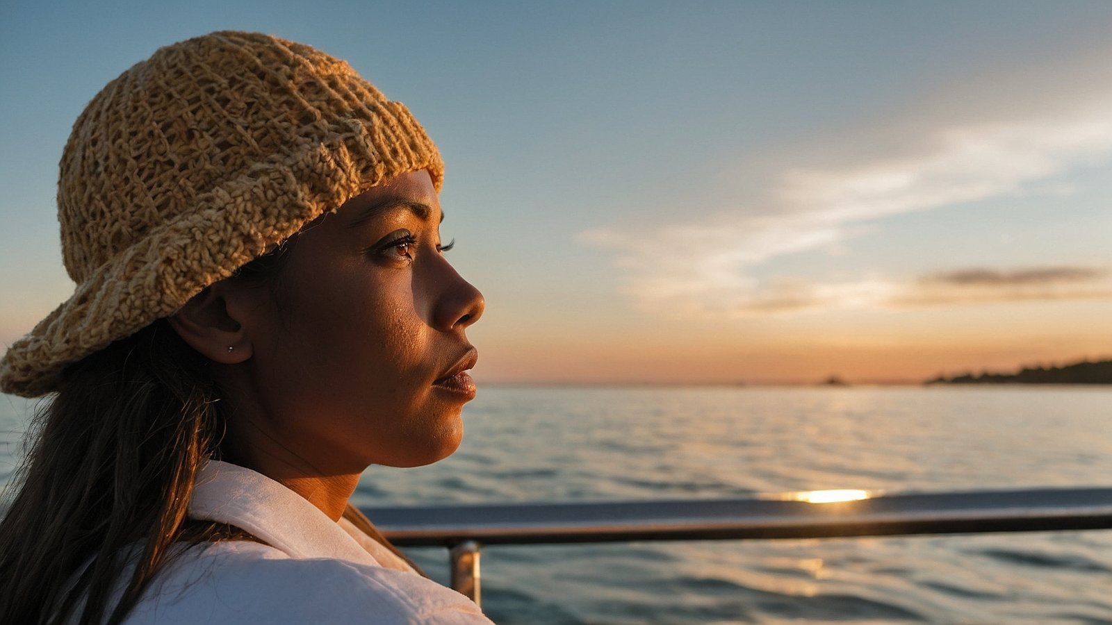 Side-view portrait of a woman in a knitted hat looking over the ocean at sunset from a yacht.