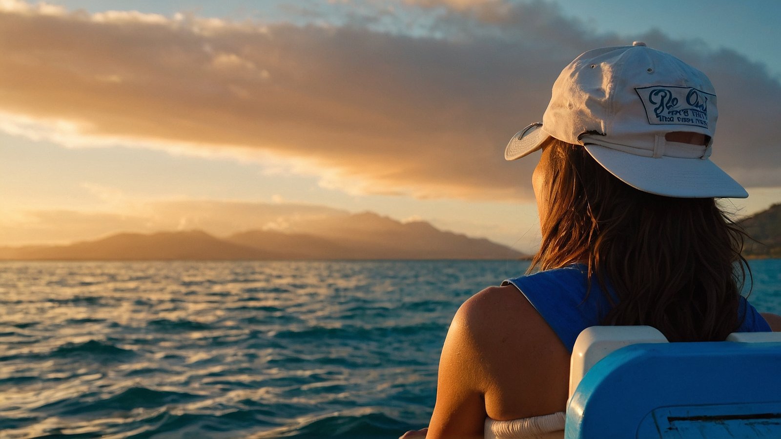 Woman in white cap and blue shirt sits on a boat, gazing at the ocean during a serene golden sunset.