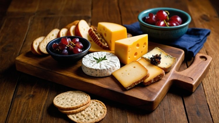 Cheese board with cheddar, brie, gouda, grapes, cookies, and bread slices, set on an old wooden tabletop.