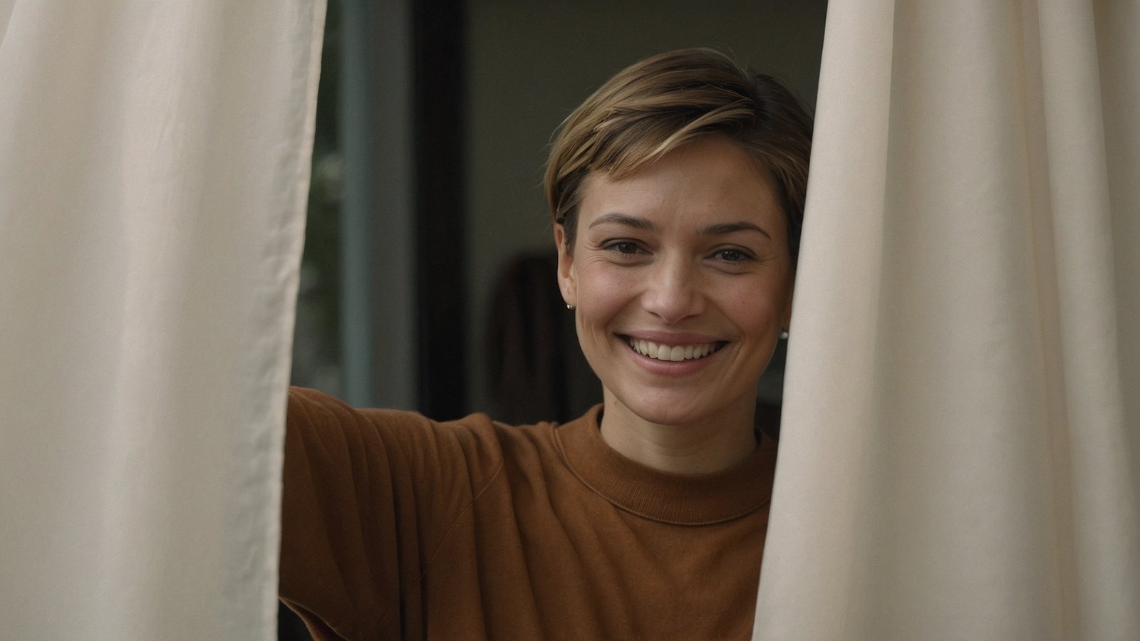 A woman with short hair smiles through white curtains in her modern apartment, wearing a brown outfit.