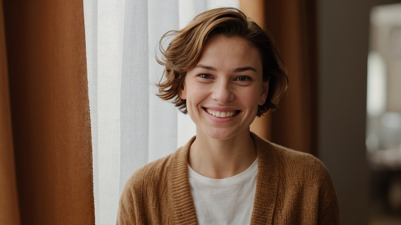 Smiling woman with short hair stands in front of a window, wearing a cardigan and a white T-shirt, with brown curtains behind.