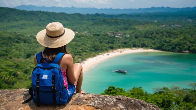 A woman with a blue backpack and sun hat sits on a mountain, looking at a tropical beach in Thailand.