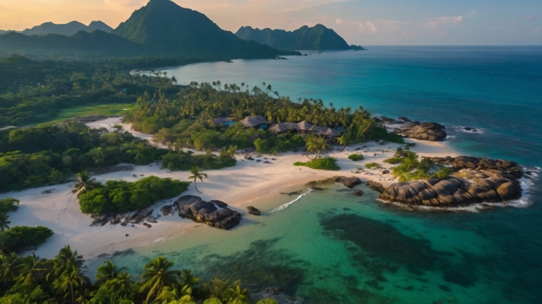 Aerial View of Island with Sandy Beaches and Luxury Hotel